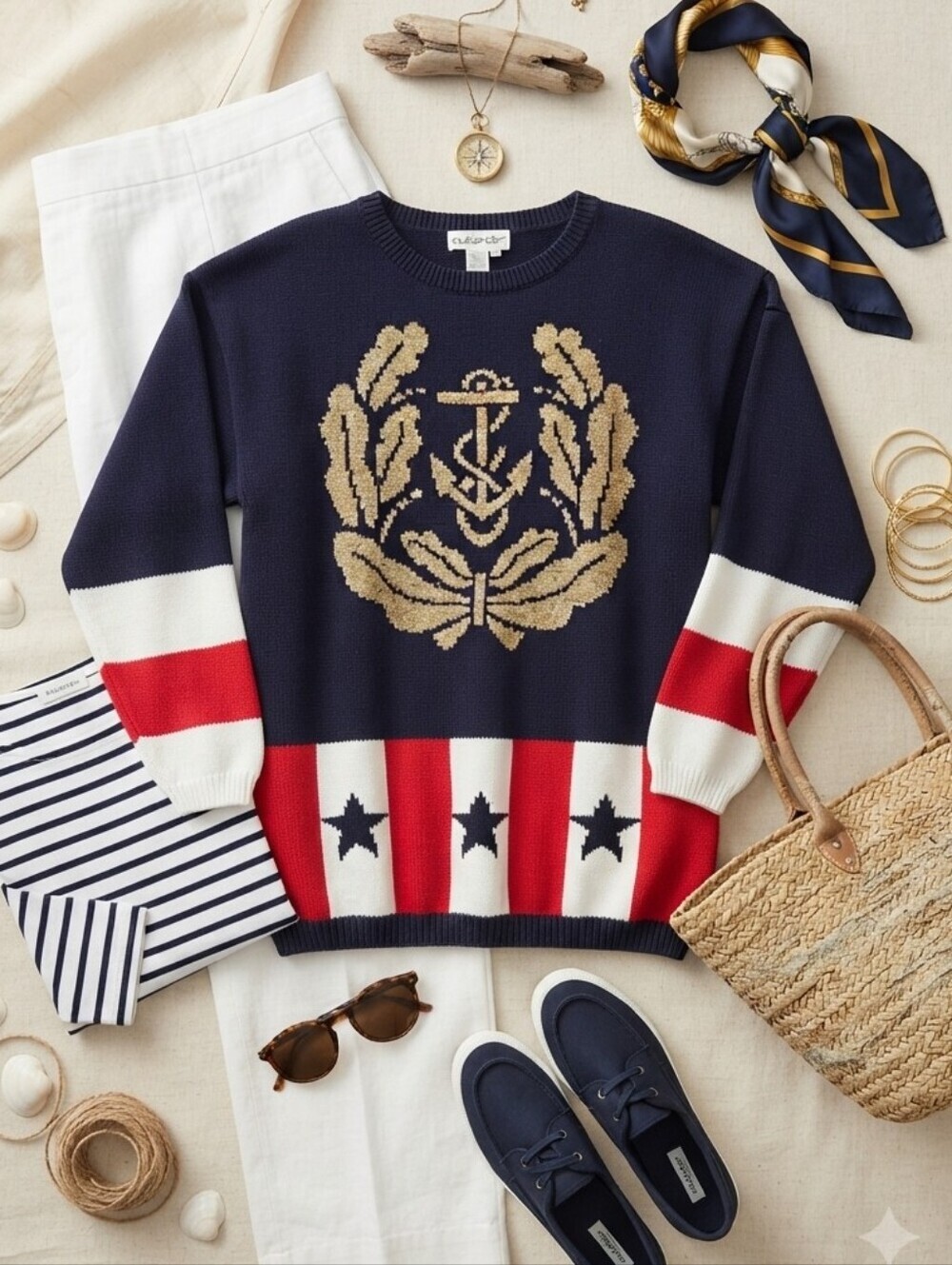 Vintage Outlander Nautical Navy Red White Gold Oversized Knit Sweater